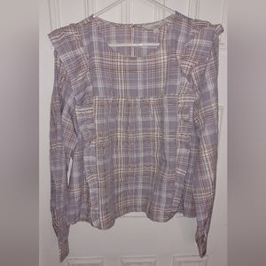 LOFT Purple Plaid Ruffle Blouse Top Long Sleeve Womens XLarge